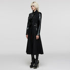 PUNK RAVE Women's Gothic Stand Collar Faux Leather Splice Wool Coat