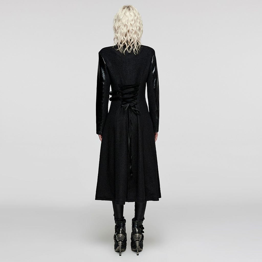 PUNK RAVE Women's Gothic Stand Collar Faux Leather Splice Wool Coat