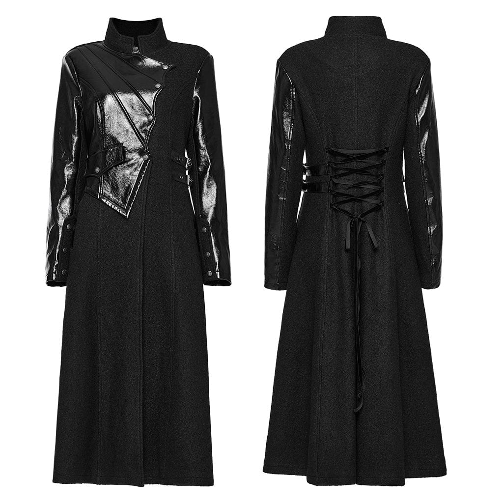 PUNK RAVE Women's Gothic Stand Collar Faux Leather Splice Wool Coat