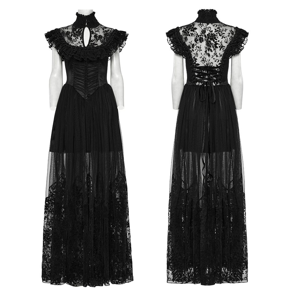 PUNK RAVE Women's Gothic Stand Collar Flocking Mesh Formal Dress