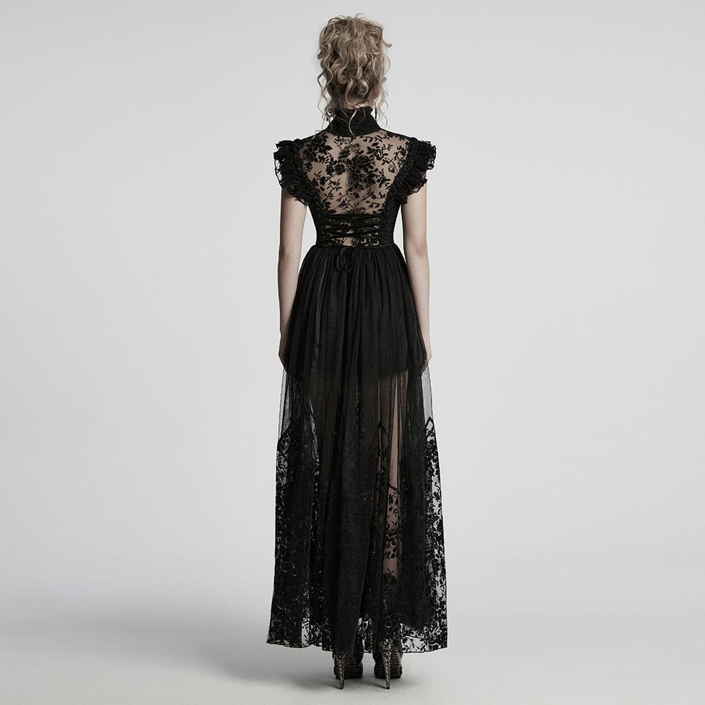 PUNK RAVE Women's Gothic Stand Collar Flocking Mesh Formal Dress
