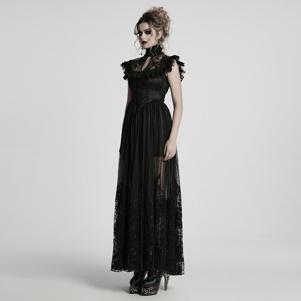 PUNK RAVE Women's Gothic Stand Collar Flocking Mesh Formal Dress