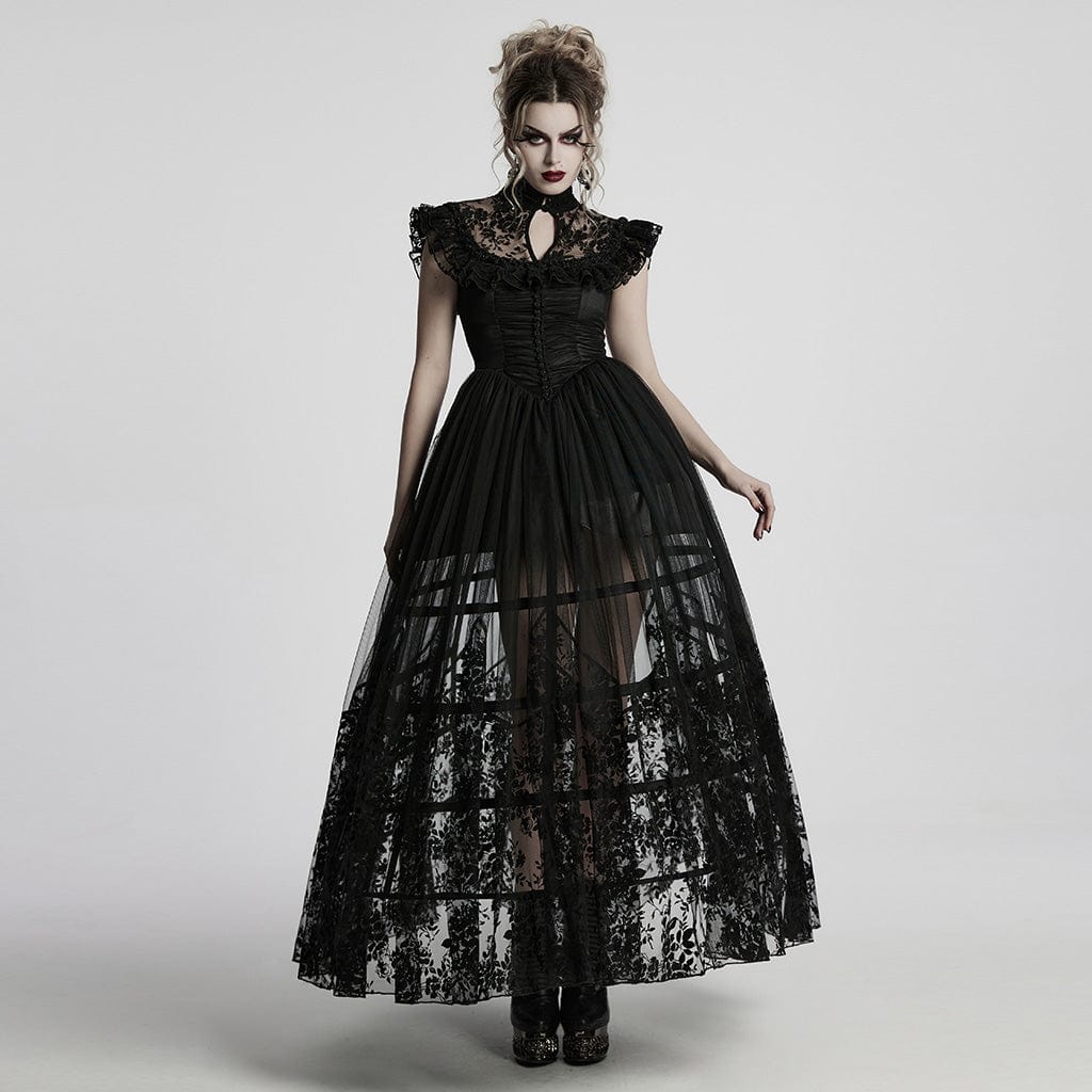 PUNK RAVE Women's Gothic Stand Collar Flocking Mesh Formal Dress