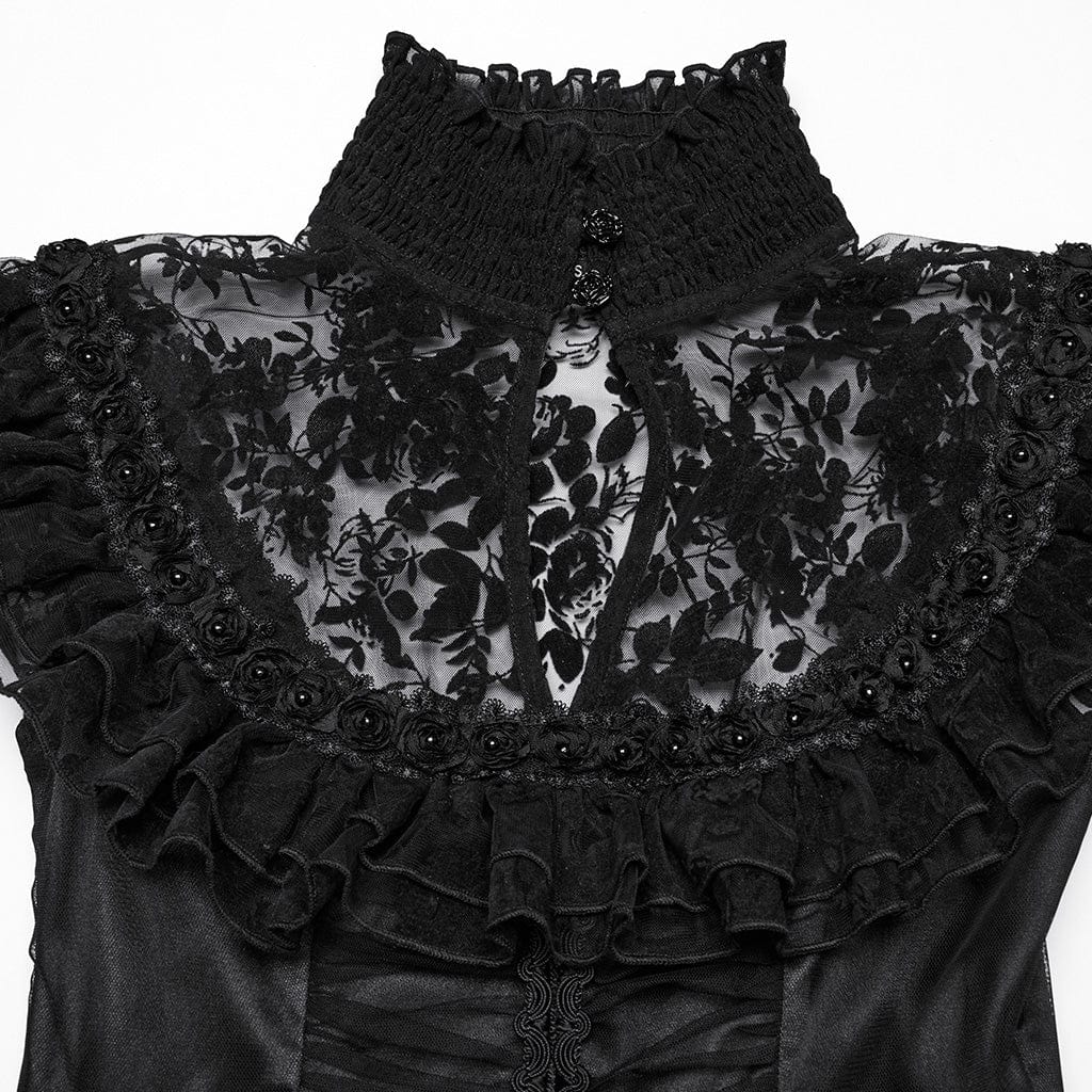 PUNK RAVE Women's Gothic Stand Collar Flocking Mesh Formal Dress