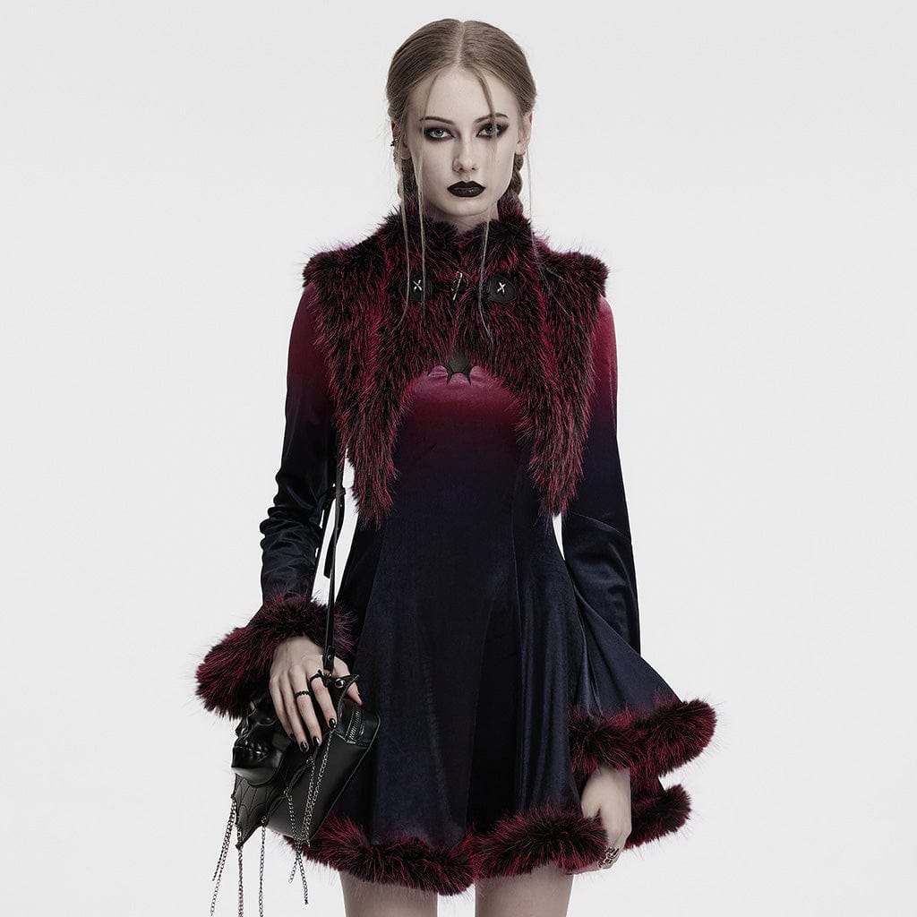 PUNK RAVE Women's Gothic Stand Collar Gradient Faux Fur Cape Red