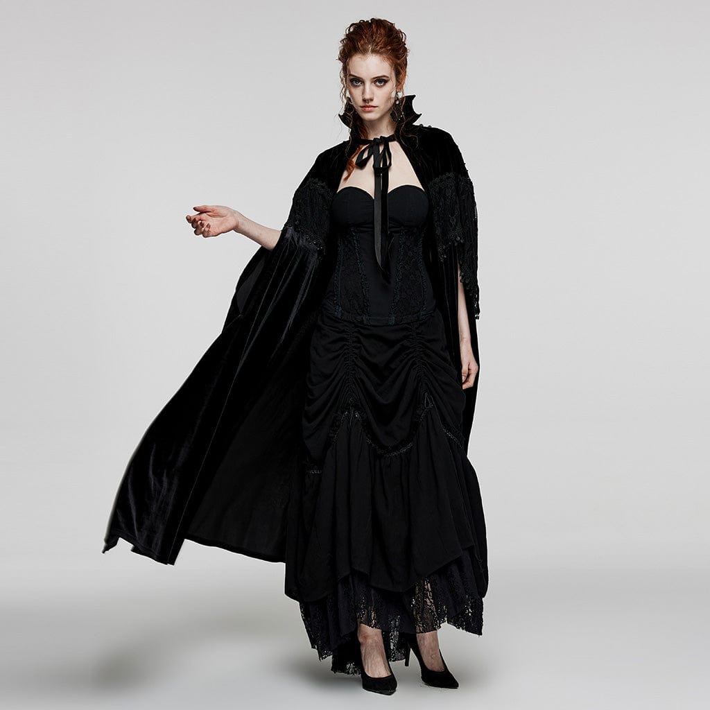 PUNK RAVE Women's Gothic Stand Collar Lace Splice Velvet Cape
