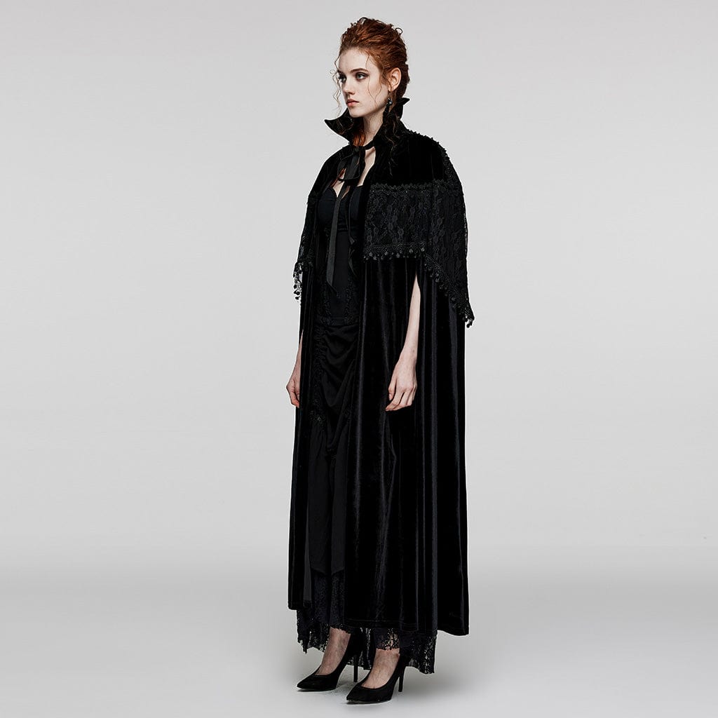 PUNK RAVE Women's Gothic Stand Collar Lace Splice Velvet Cape