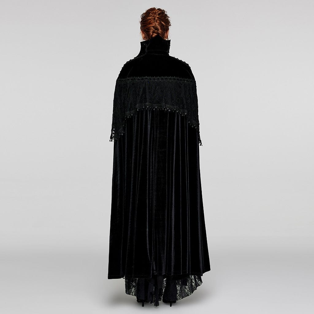 PUNK RAVE Women's Gothic Stand Collar Lace Splice Velvet Cape