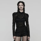 PUNK RAVE Women's Gothic Stand Collar Puff Sleeved Lace Shirt Black