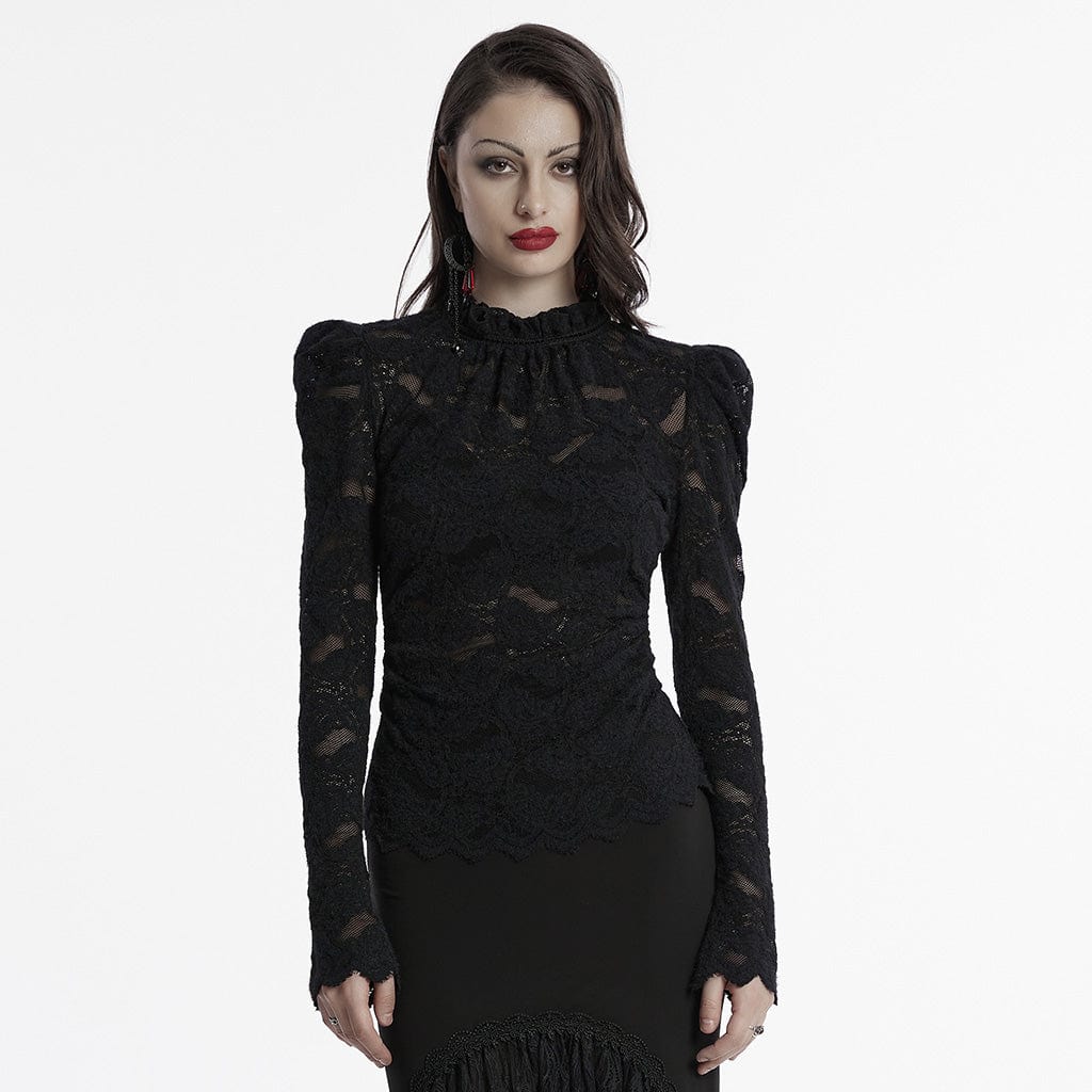 PUNK RAVE Women's Gothic Stand Collar Puff Sleeved Lace Shirt Black