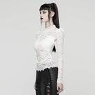 PUNK RAVE Women's Gothic Stand Collar Puff Sleeved Lace Shirt White