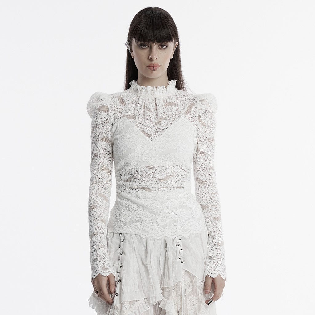 PUNK RAVE Women's Gothic Stand Collar Puff Sleeved Lace Shirt White