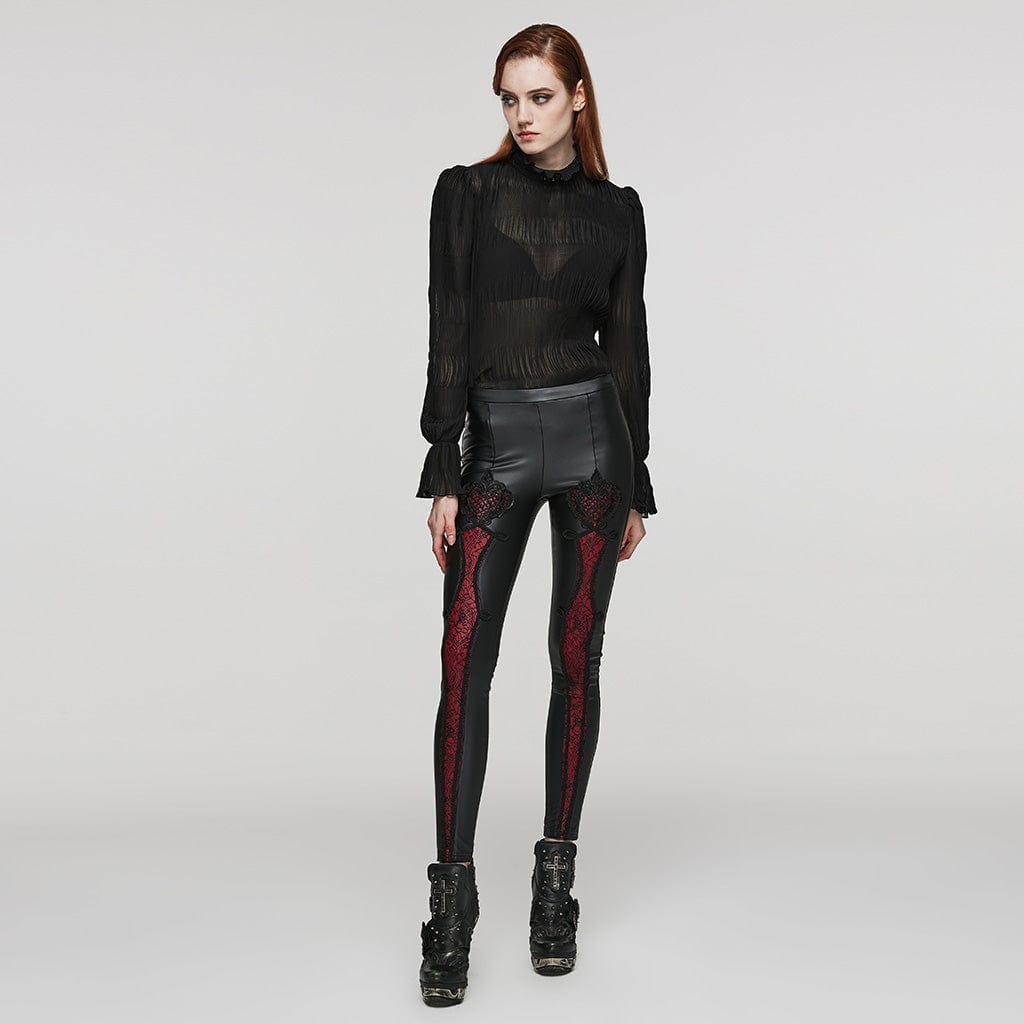 PUNK RAVE Women's Gothic Stand Collar Puff Sleeved Ruched Shirt
