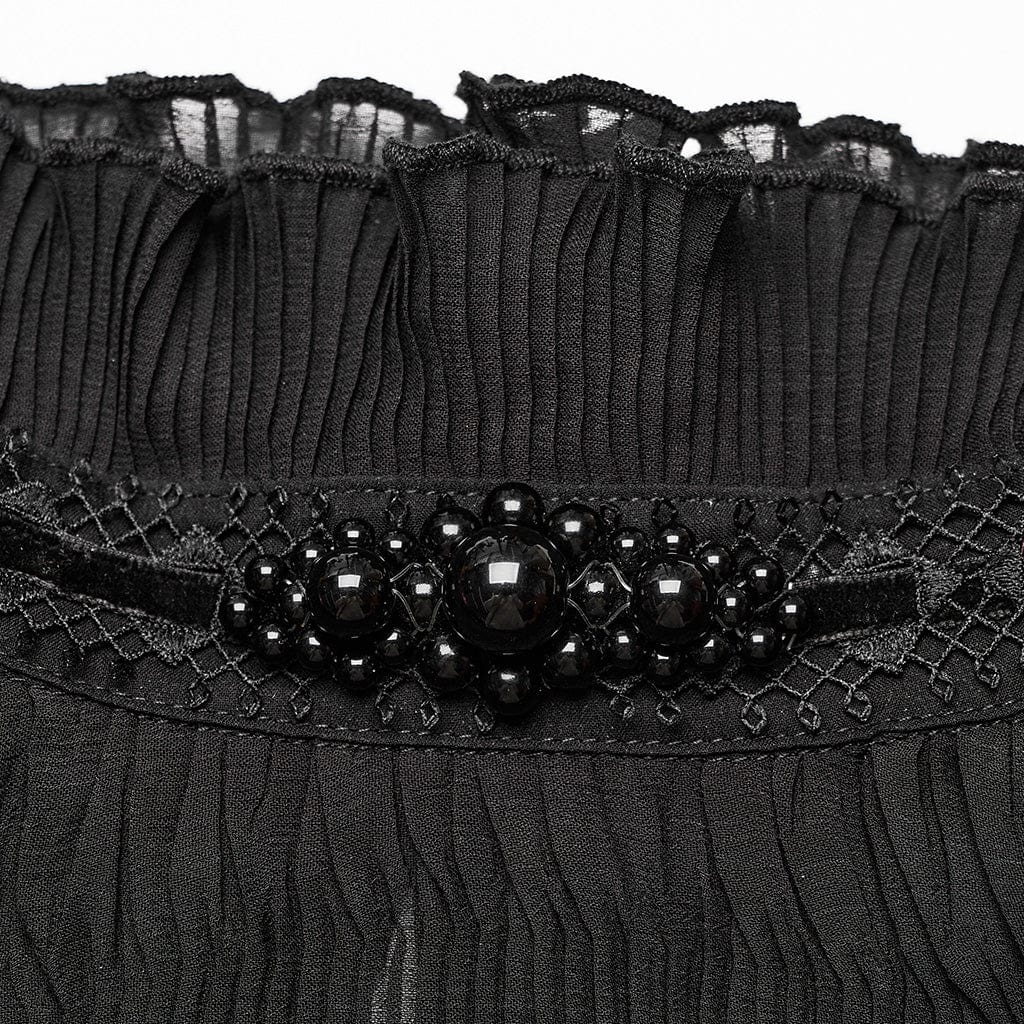 PUNK RAVE Women's Gothic Stand Collar Puff Sleeved Ruched Shirt