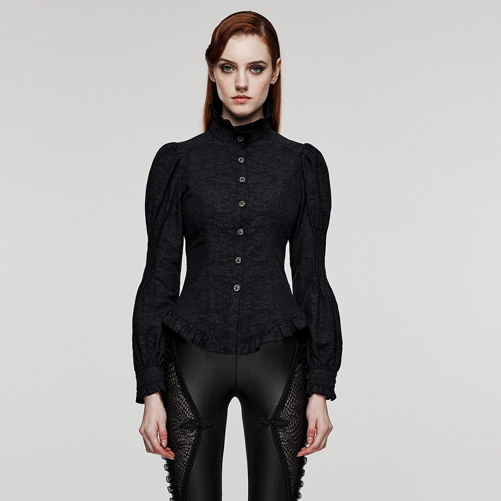 PUNK RAVE Women's Gothic Stand Collar Puff Sleeved Ruffled Shirt