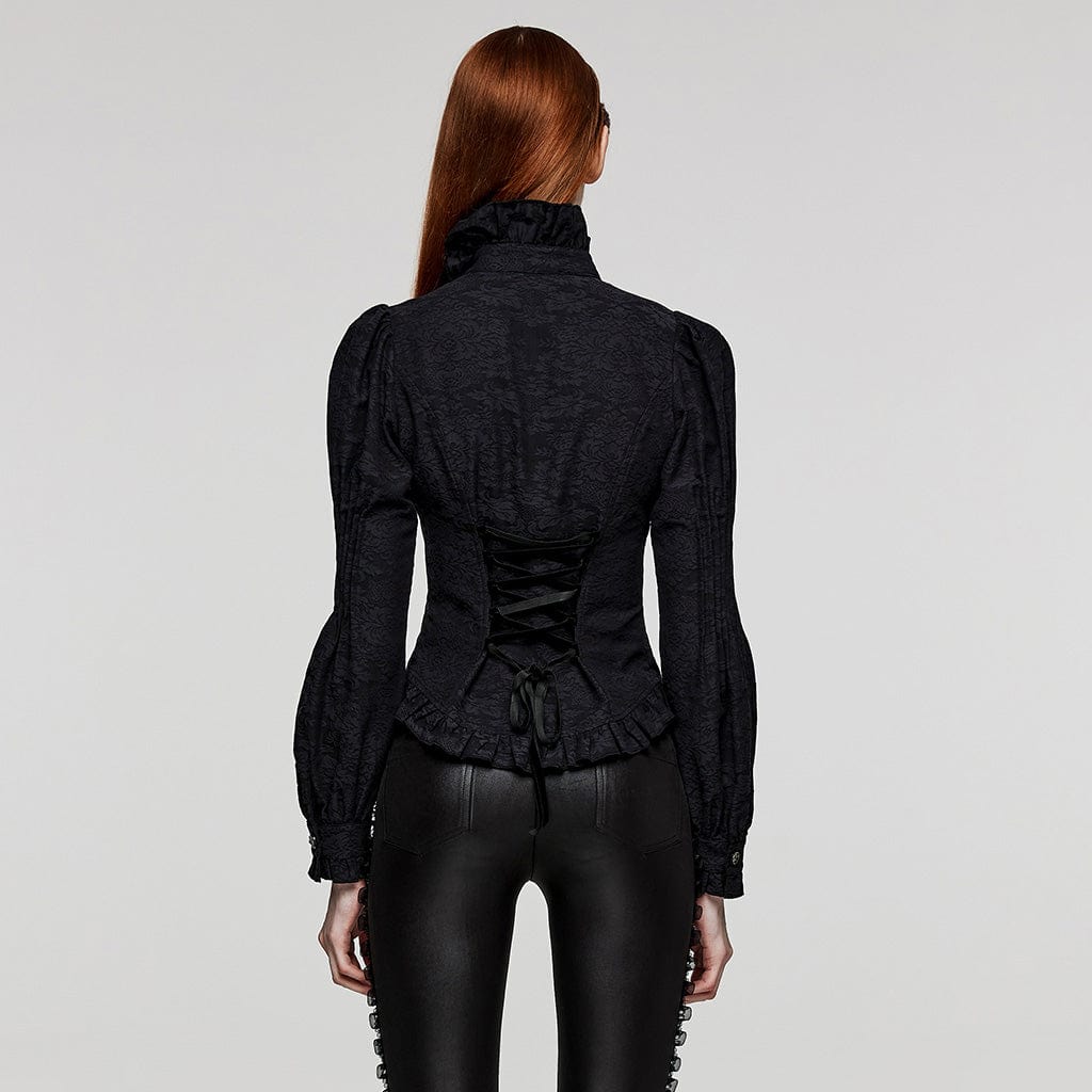 PUNK RAVE Women's Gothic Stand Collar Puff Sleeved Ruffled Shirt