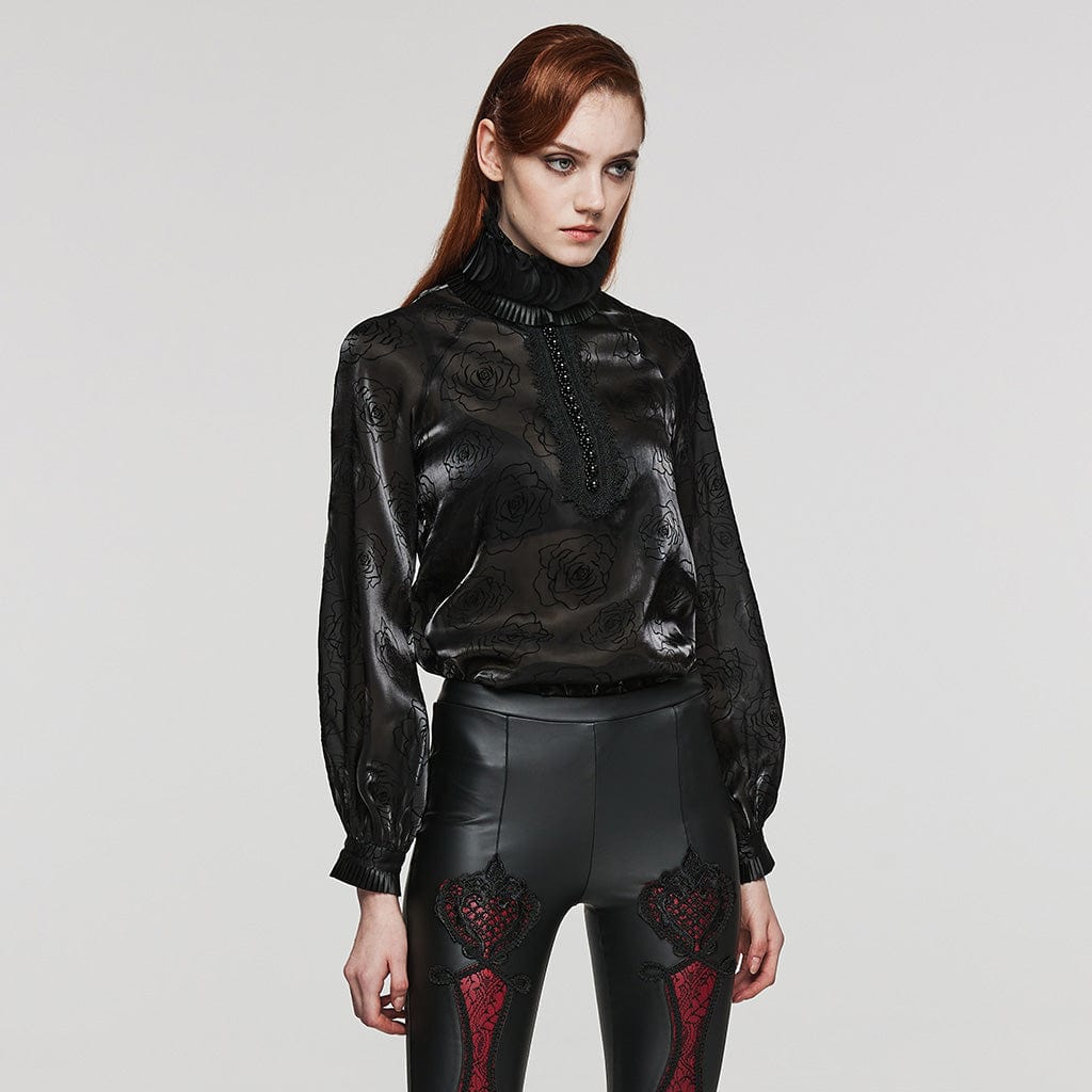 PUNK RAVE Women's Gothic Stand Collar Rose Shirt