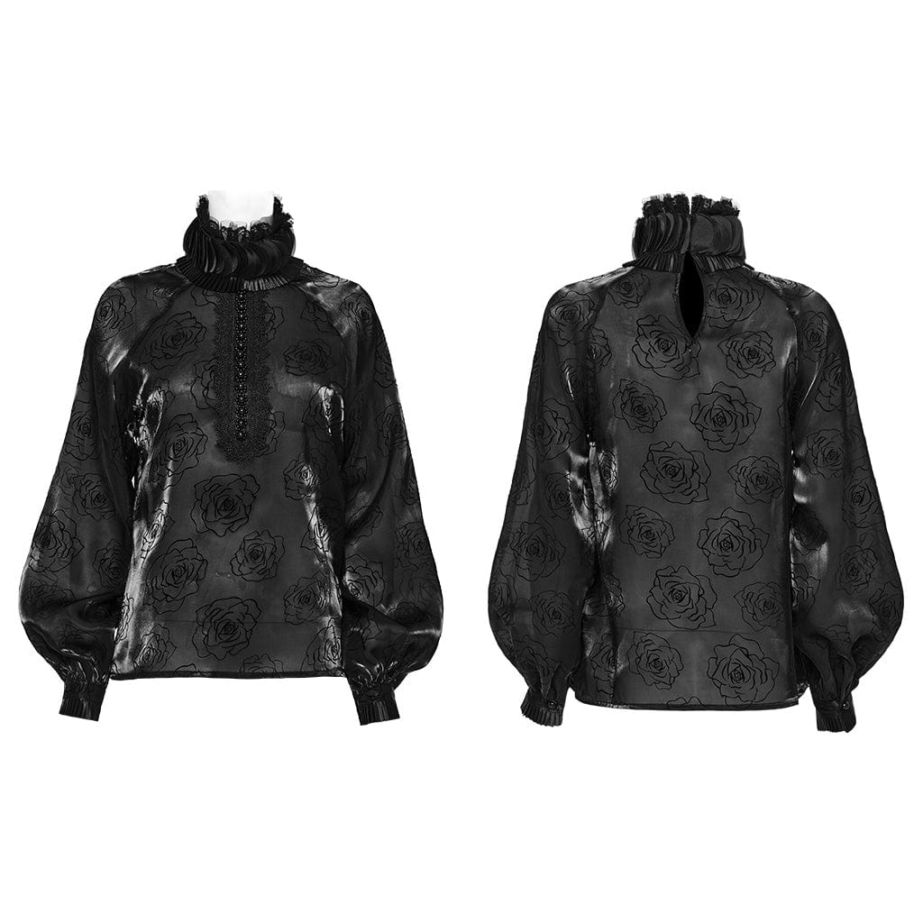 PUNK RAVE Women's Gothic Stand Collar Rose Shirt