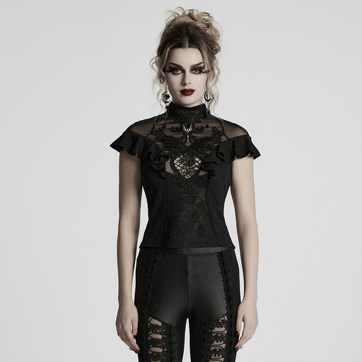 PUNK RAVE Women's Gothic Stand Collar Ruffled Lace Shirt