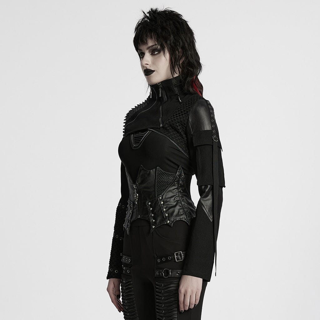 PUNK RAVE Women's Gothic Stand Collar Studded Short Jacket