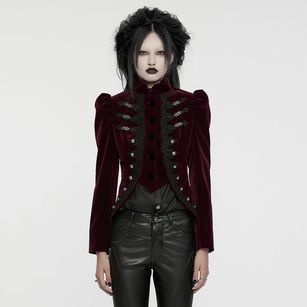 PUNK RAVE Women's Gothic Stand Collar Swallow-tailed Jacket Red