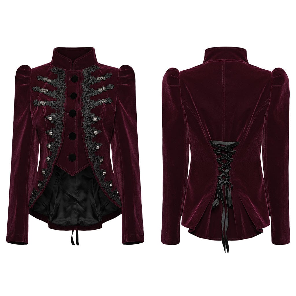 PUNK RAVE Women's Gothic Stand Collar Swallow-tailed Jacket Red