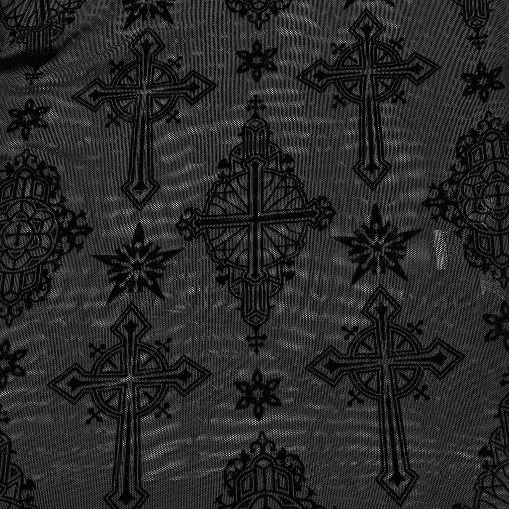 PUNK RAVE Women's Gothic Star Cross Flocking Mesh T-shirt