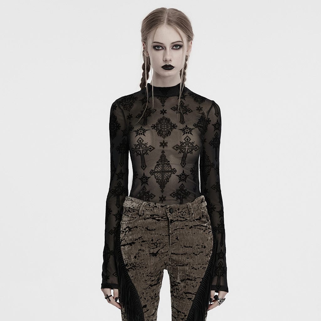 PUNK RAVE Women's Gothic Star Cross Flocking Mesh T-shirt