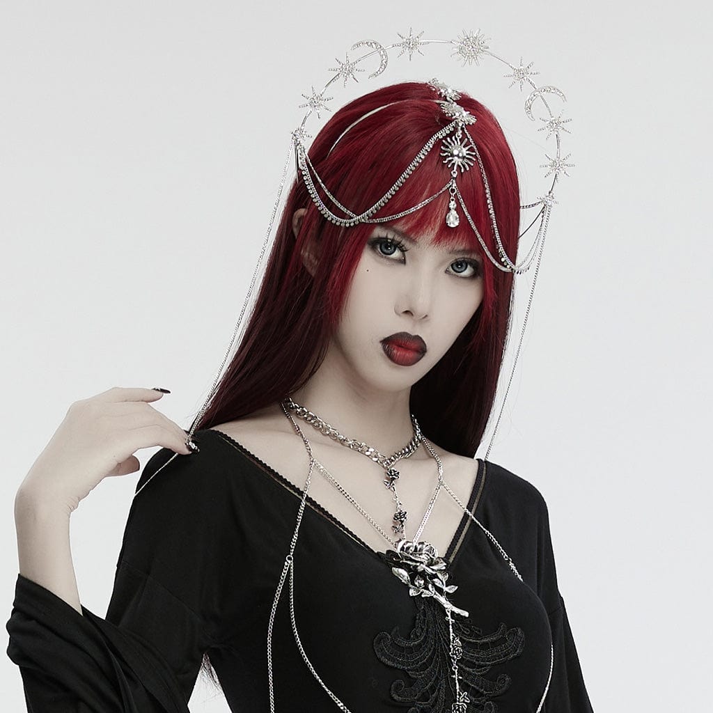 PUNK RAVE Women's Gothic Star Moon Chain Headwear