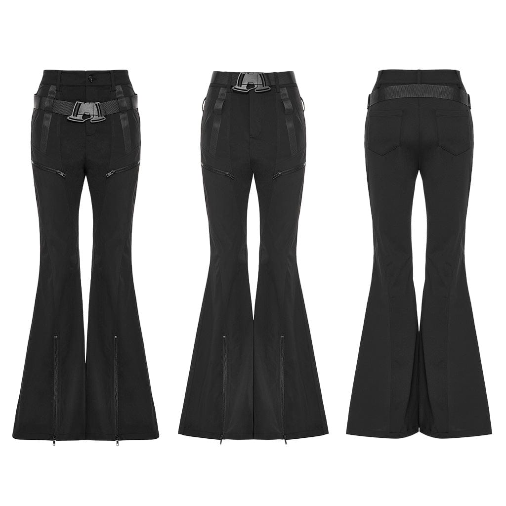 PUNK RAVE Women's Gothic Strap Splice Buckle Flared Pants
