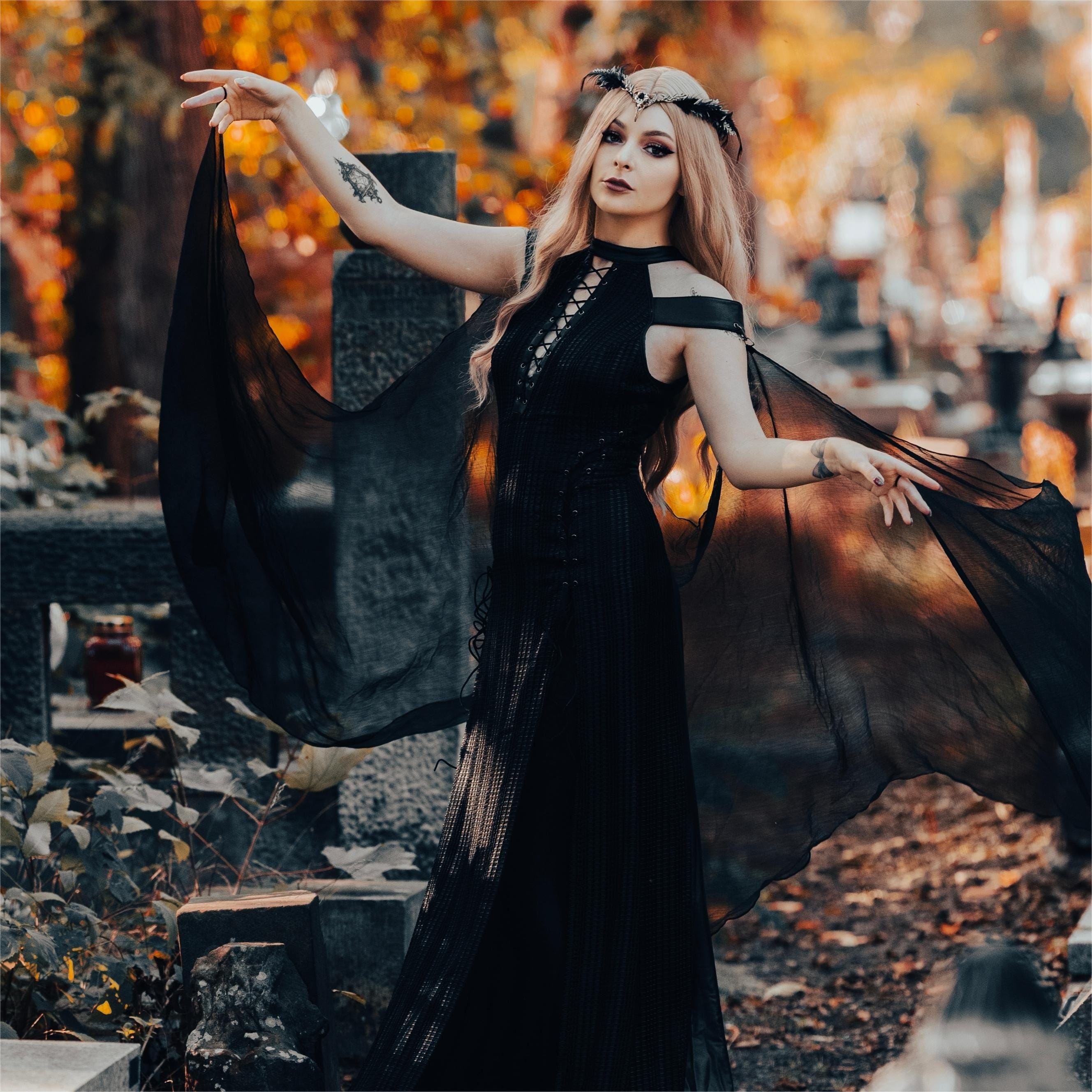 PUNK RAVE Women's Gothic Strappy Side Slit Dress with Detachable Cape