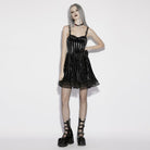 PUNK RAVE Women's Gothic Striped Lace-up Slip Dress Graduation Dress with Detachable Bowknot Black