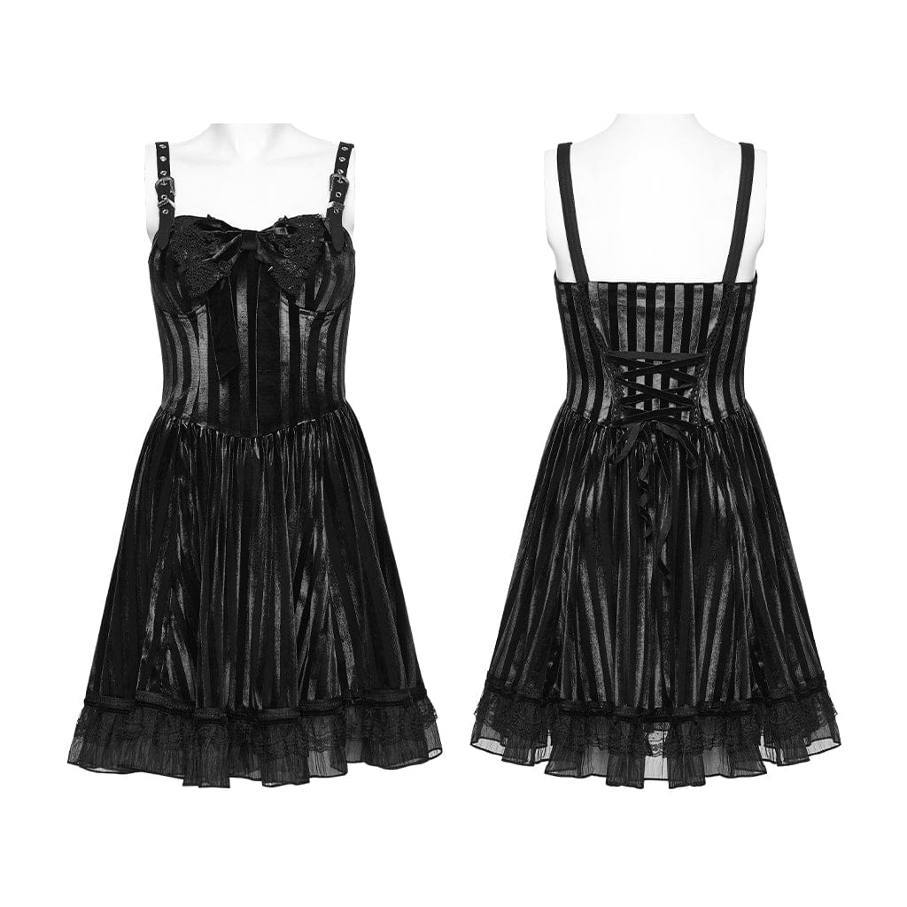 PUNK RAVE Women's Gothic Striped Lace-up Slip Dress Graduation Dress with Detachable Bowknot Black