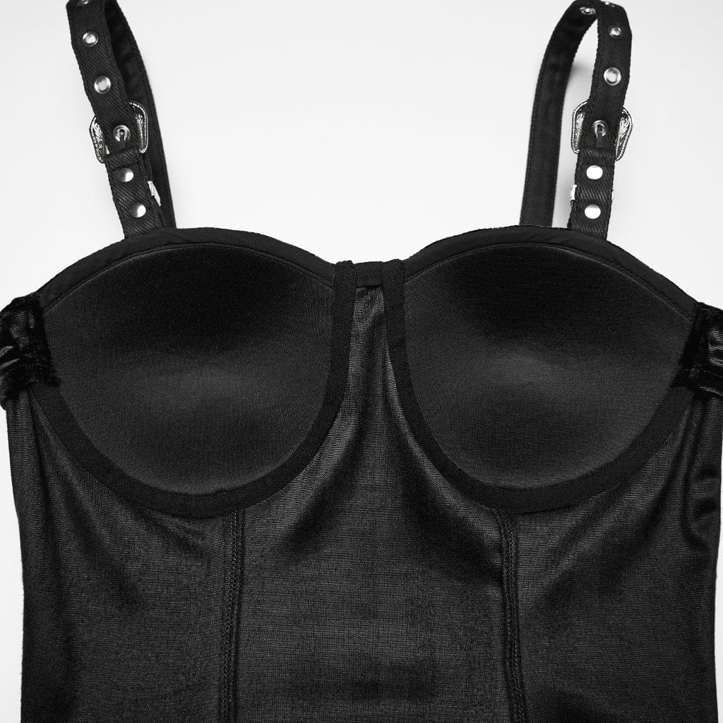 PUNK RAVE Women's Gothic Striped Lace-up Slip Dress with Detachable Bowknot Black