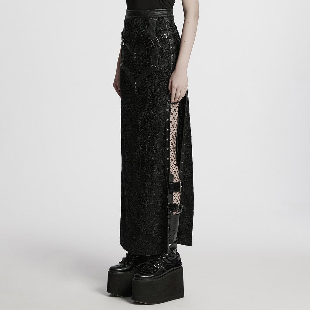 PUNK RAVE Women's Gothic Studded Embossed Lace-up Skirt