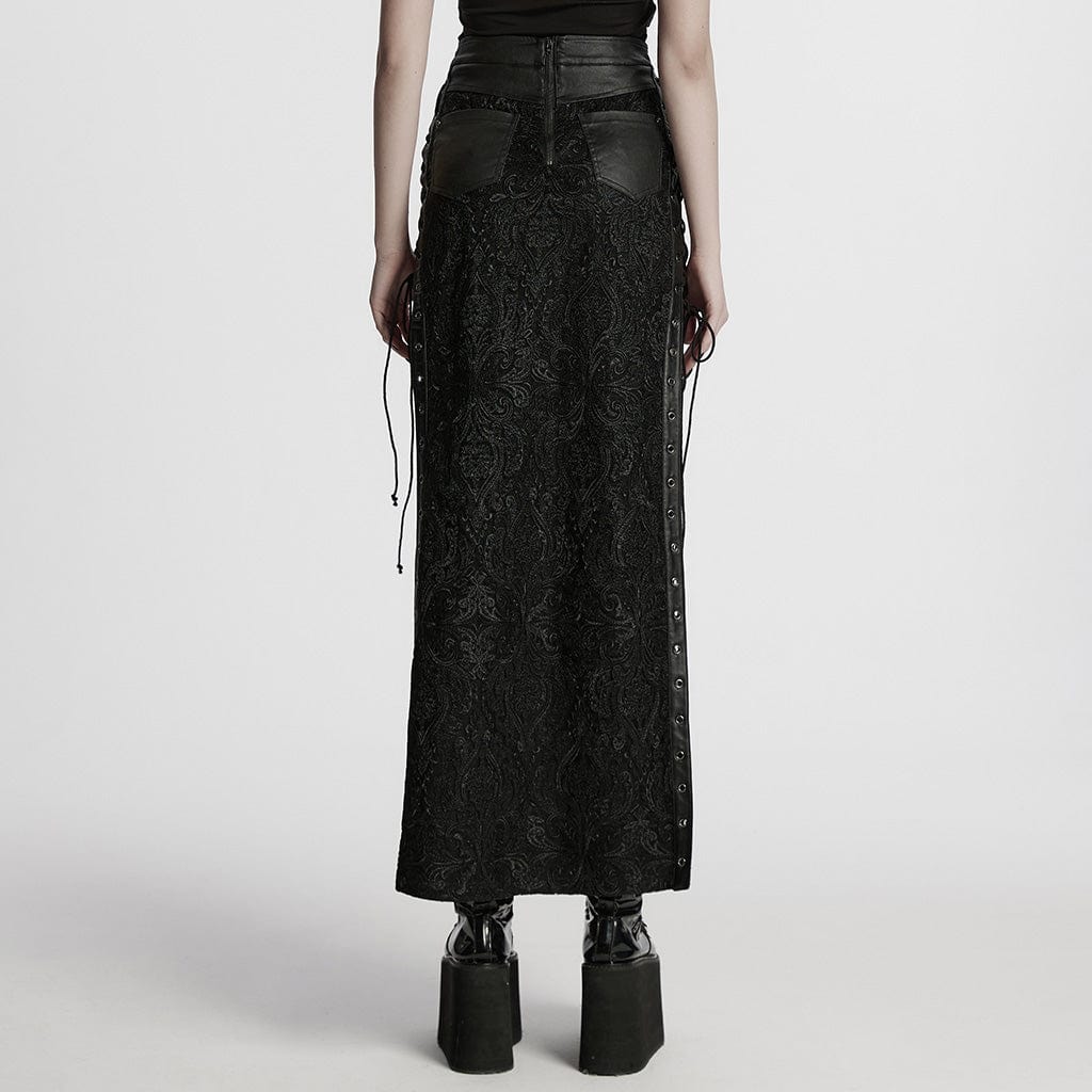 PUNK RAVE Women's Gothic Studded Embossed Lace-up Skirt