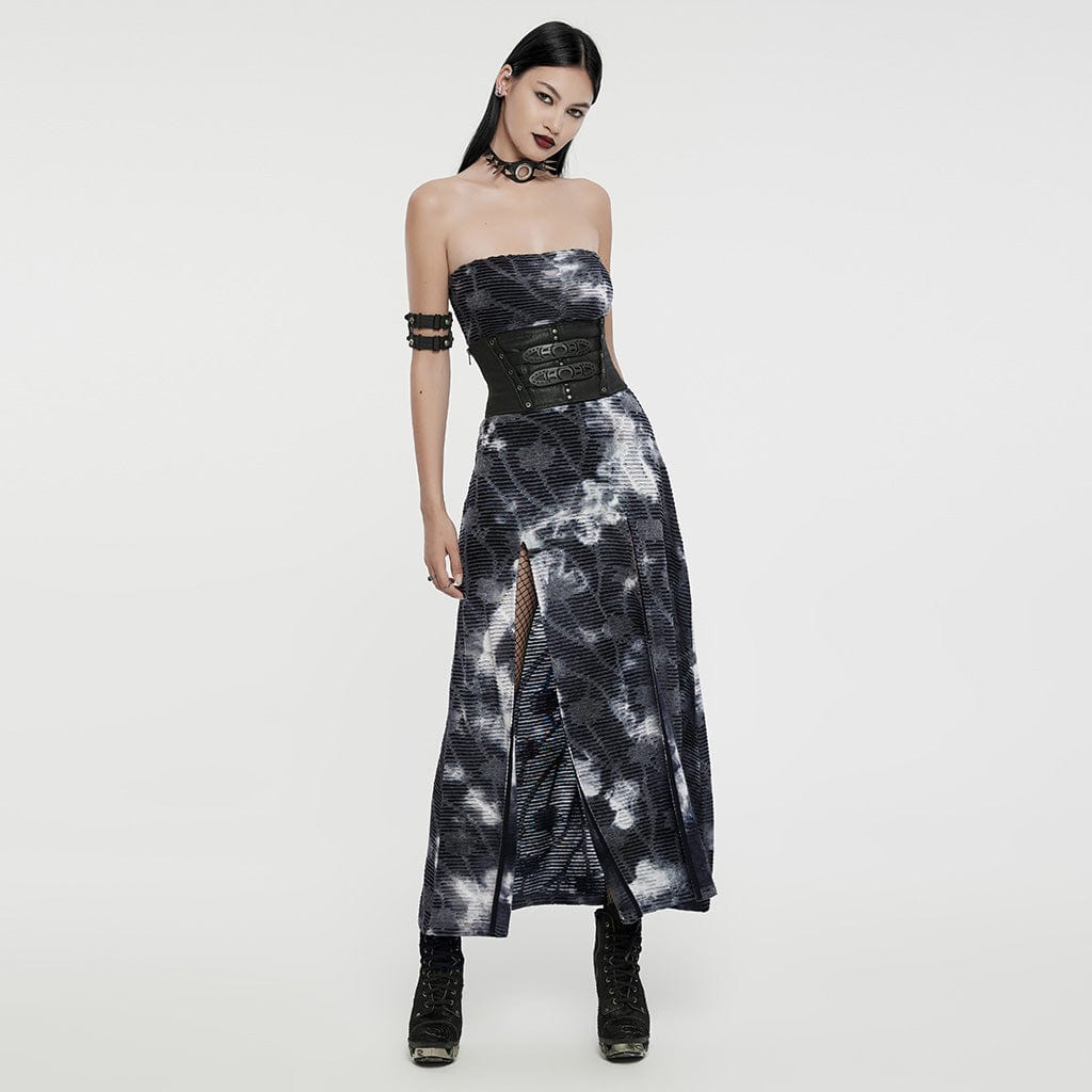 PUNK RAVE Women's Gothic Tie-dyed Ripped Split Party Dress