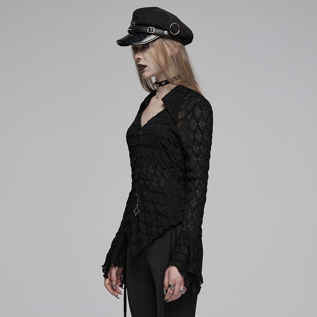 PUNK RAVE Women's Gothic Turn-down Collar Irregular Drawstring Shirt