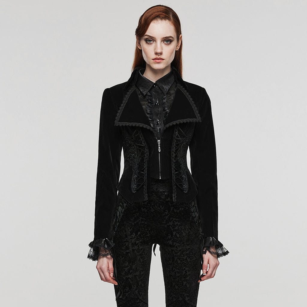 PUNK RAVE Women's Gothic Turn-down Collar Lace-up Velvet Coat Black