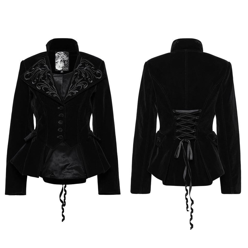 PUNK RAVE Women's Gothic Turn-down Collar Swallow-tailed Velvet Jacket Black