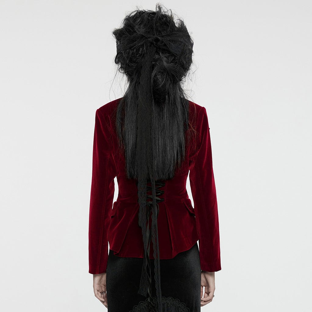 PUNK RAVE Women's Gothic Turn-down Collar Swallow-tailed Velvet Jacket Red