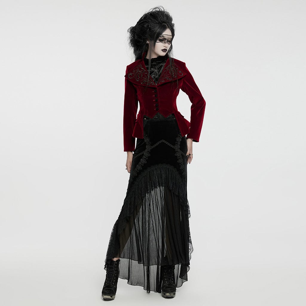 PUNK RAVE Women's Gothic Turn-down Collar Swallow-tailed Velvet Jacket Red