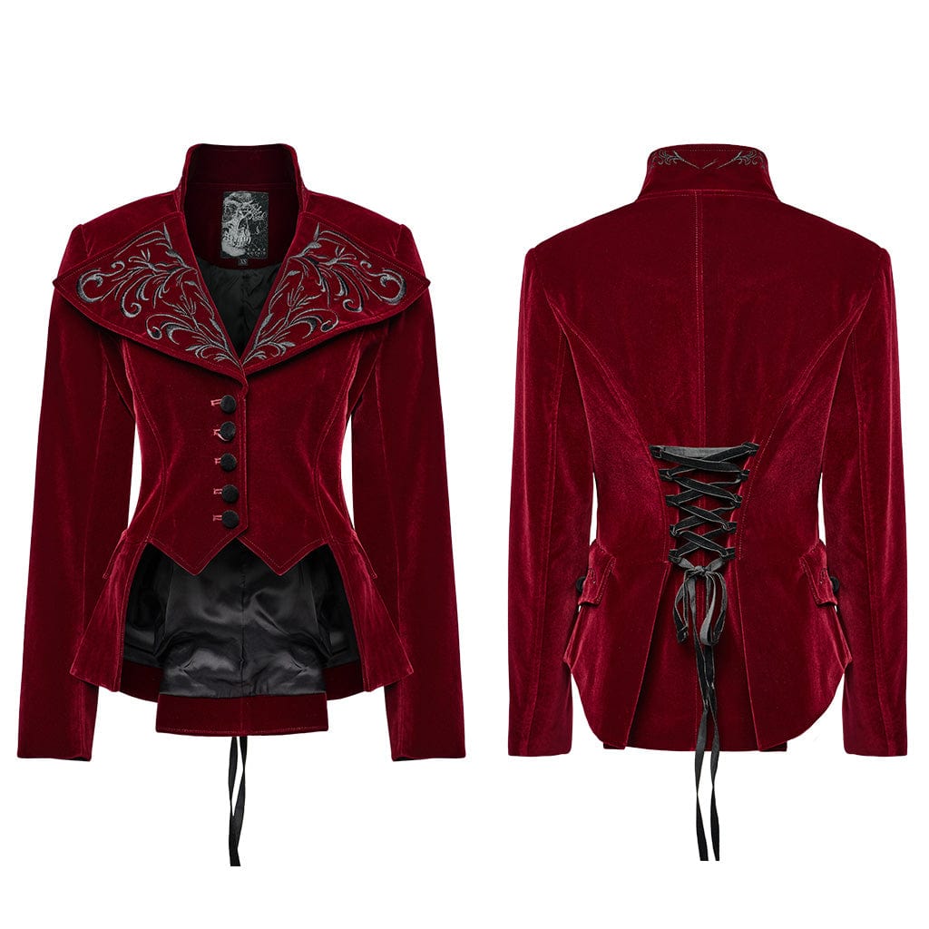 PUNK RAVE Women's Gothic Turn-down Collar Swallow-tailed Velvet Jacket Red