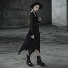 PUNK RAVE Women's Gothic V-neck Long Sleeved Irregular Hem Chiffon Dresses