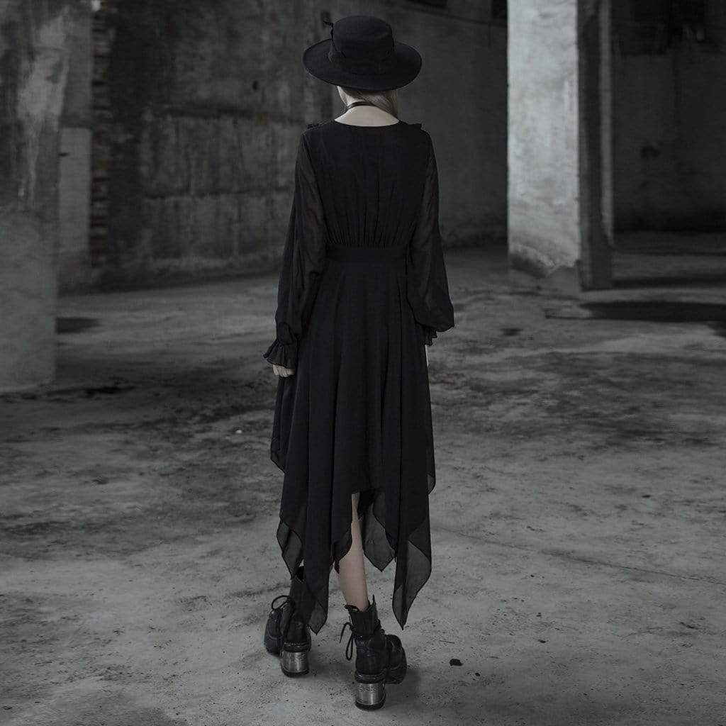 PUNK RAVE Women's Gothic V-neck Long Sleeved Irregular Hem Chiffon Dresses