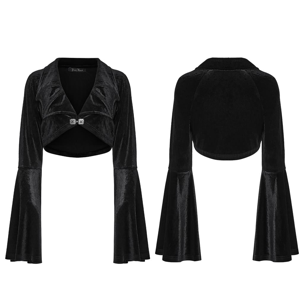 PUNK RAVE Women's Gothic Velvet Bat Wing Collar Flare Sleeve Short Jacket