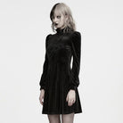 PUNK RAVE Women's Gothic Velvet Embroidered Ruffled High Neck Long Sleeve Dress