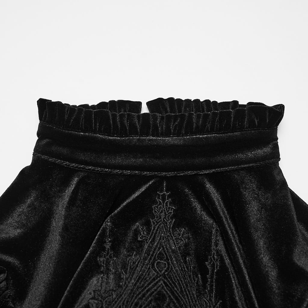PUNK RAVE Women's Gothic Velvet Embroidered Ruffled High Neck Long Sleeve Dress
