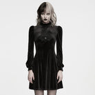 PUNK RAVE Women's Gothic Velvet Embroidered Ruffled High Neck Long Sleeve Dress