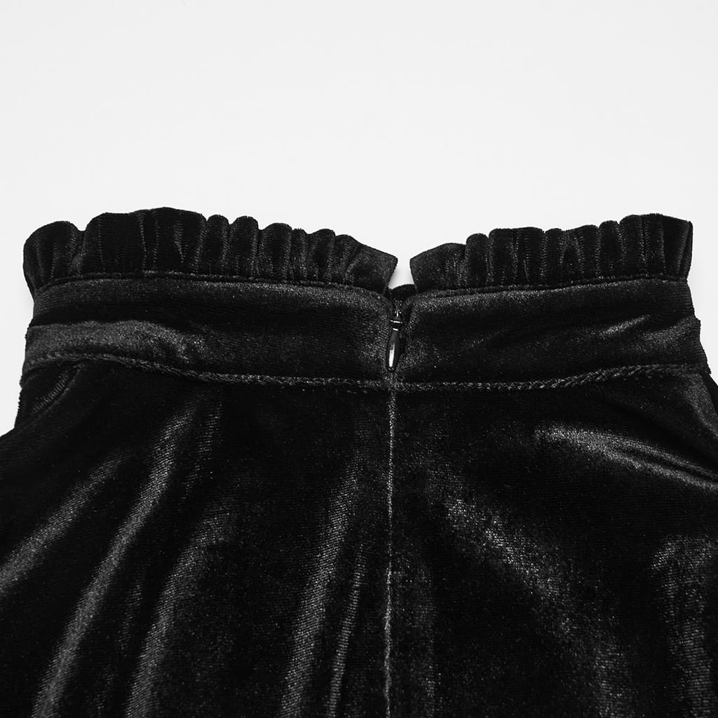 PUNK RAVE Women's Gothic Velvet Embroidered Ruffled High Neck Long Sleeve Dress
